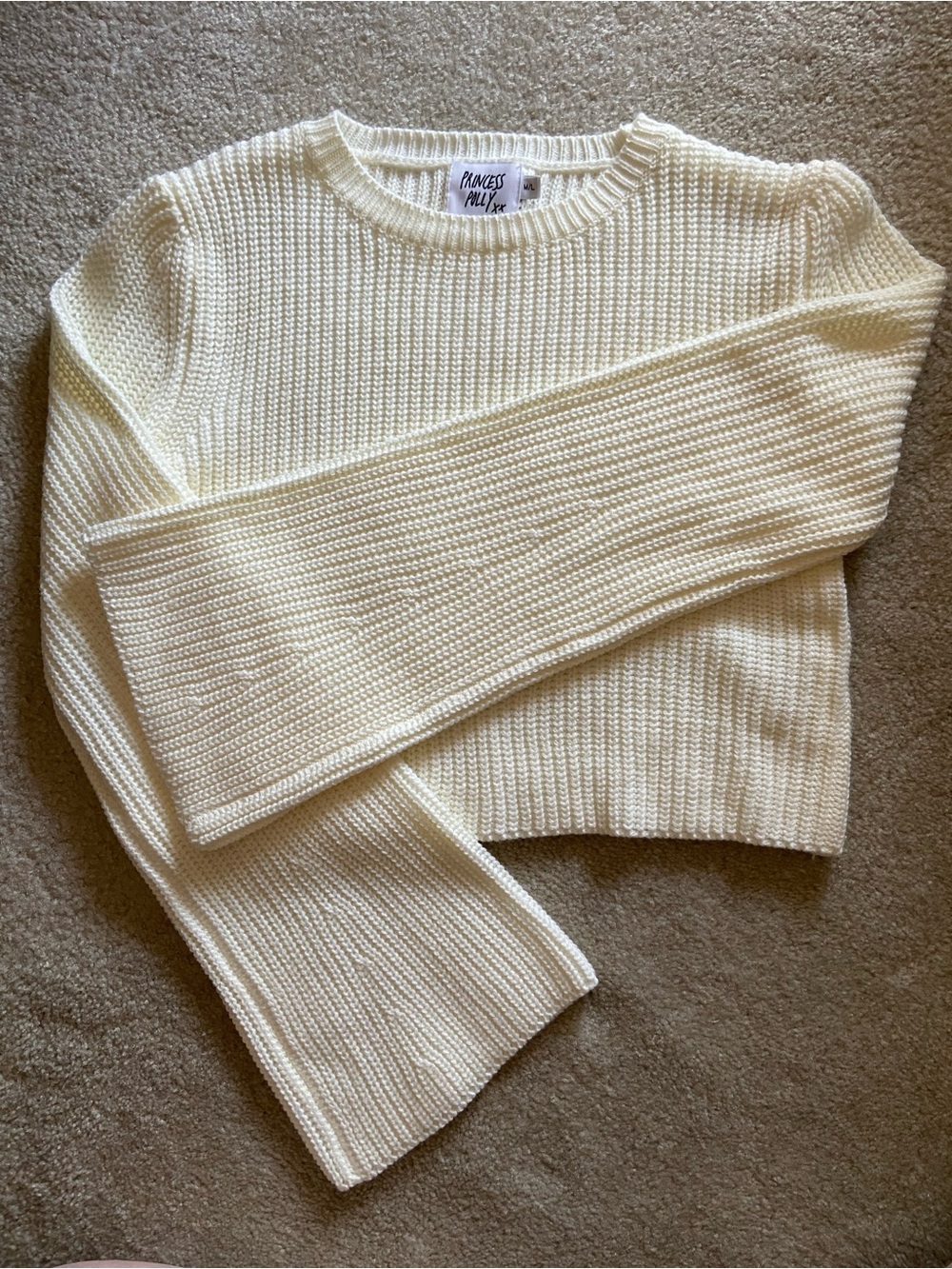 Princess Polly Cream Ribbed Bell sleeve Cropped Sweater